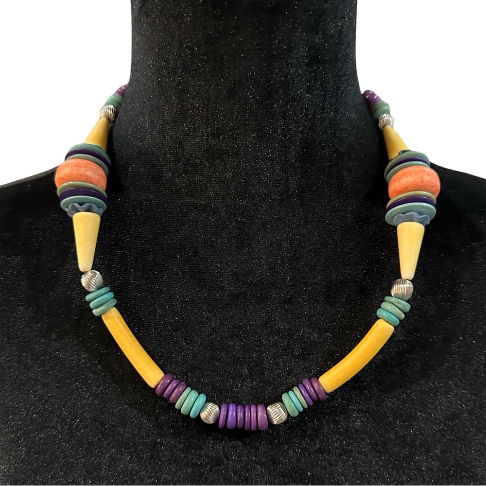 Vintage Beaded Necklace Yellow Red Blue Green Purple 22 Inch Length